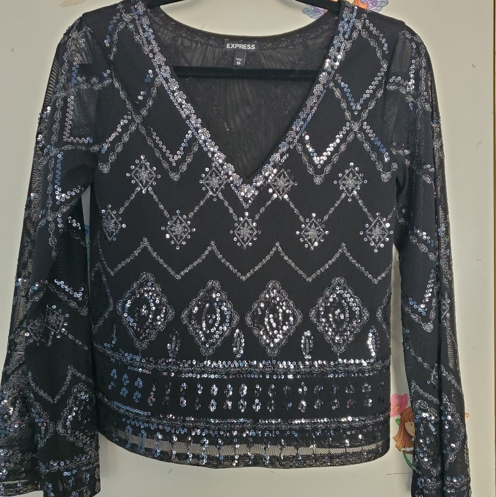 Express Sequin Bell Long Sleeve Blouse